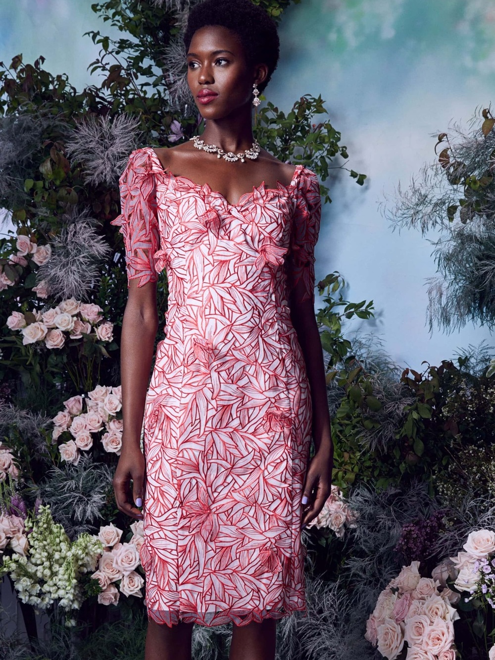 MARCHESA NOTTE Red Sheer Floral 3D Dress NWOT Size 4